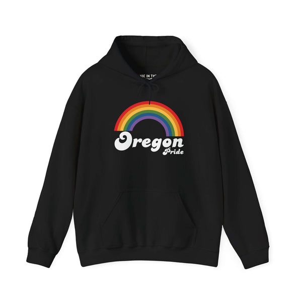 Black hoodie featuring a rainbow design and 'Oregon Pride' text, celebrating love and inclusivity.