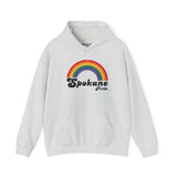 Spokane Pride hoodie with colorful rainbow design, celebrating inclusivity and love for the LGBTQ+ community.