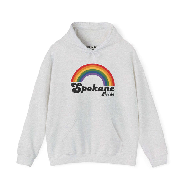 Spokane Pride hoodie with colorful rainbow design, celebrating inclusivity and love for the LGBTQ+ community.