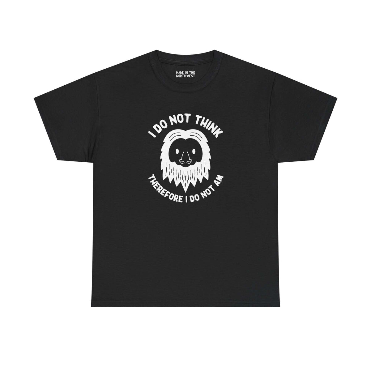 Black athletic tee featuring Bigfoot and the phrase 'I Do Not Think Therefore I Do Not Am' for cryptid lovers.