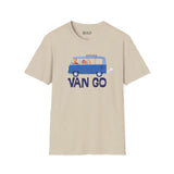 Vincent in a Van Go Softstyle T-Shirt featuring a VW van with Van Gogh, perfect for art lovers and road trip enthusiasts.