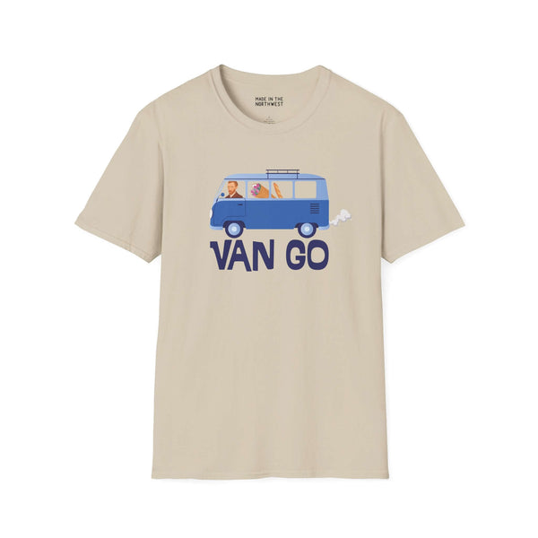 Vincent in a Van Go Softstyle T-Shirt featuring a VW van with Van Gogh, perfect for art lovers and road trip enthusiasts.