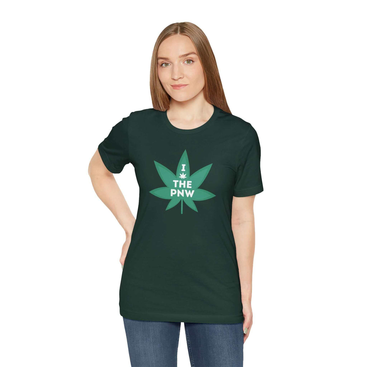 Woman wearing a dark green T-shirt with "I (Weed) the PNW" and marijuana leaf graphic, representing Pacific Northwest spirit.