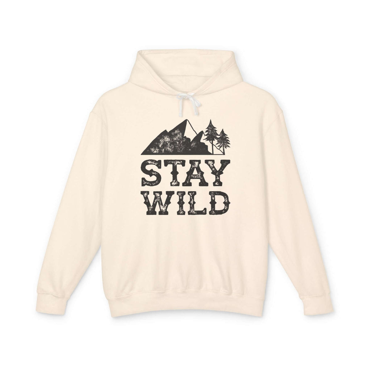 Stay Wild hoodie featuring a mountain and tree graphic on a soft, lightweight sweatshirt in cream color.