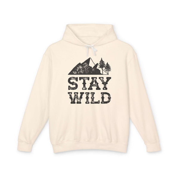 Stay Wild hoodie featuring a mountain and tree graphic on a soft, lightweight sweatshirt in cream color.