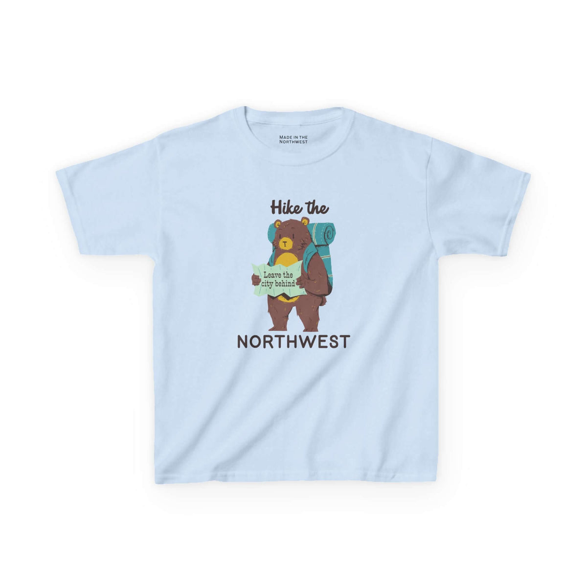 Hike the Northwest kids t shirt featuring a bear with a backpack and map, perfect for outdoor adventures.