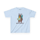Hike the Northwest kids t shirt featuring a bear with a backpack and map, perfect for outdoor adventures.