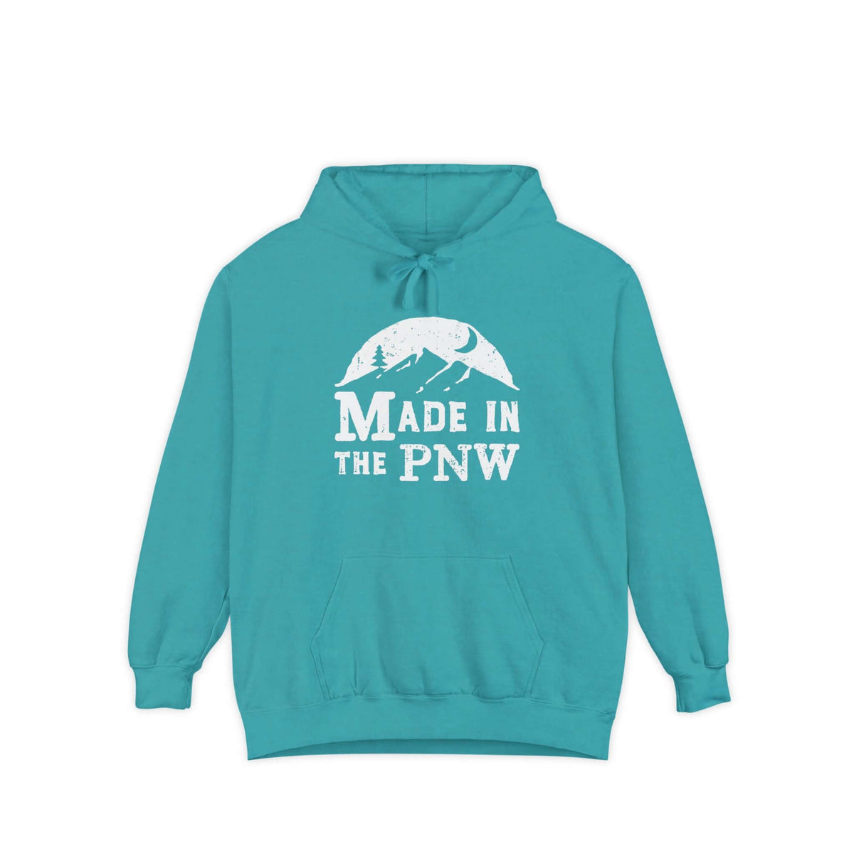 Made in the PNW hoodie in teal with mountains graphic, perfect for embracing Pacific Northwest outdoor style.