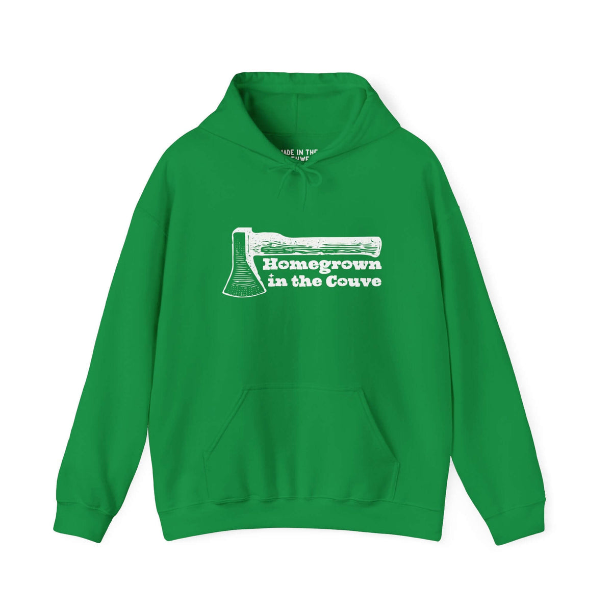 Green "Homegrown in the Couve" hoodie with axe illustration, showcasing Vancouver pride and Pacific Northwest craftsmanship.