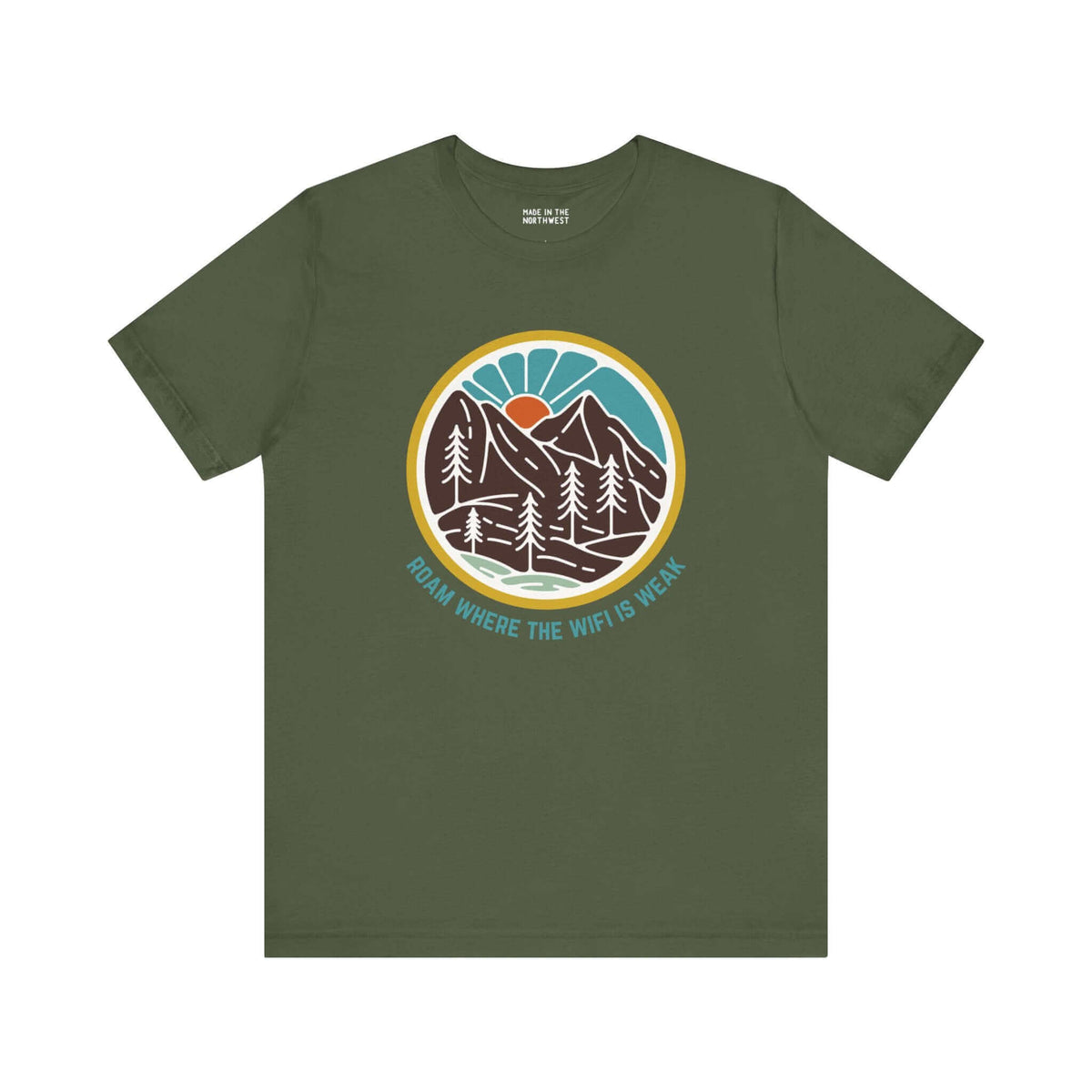 "Green hiking tee with 'Roam Where the WiFi is Weak' slogan and colorful forest design, perfect for nature lovers and adventurers"