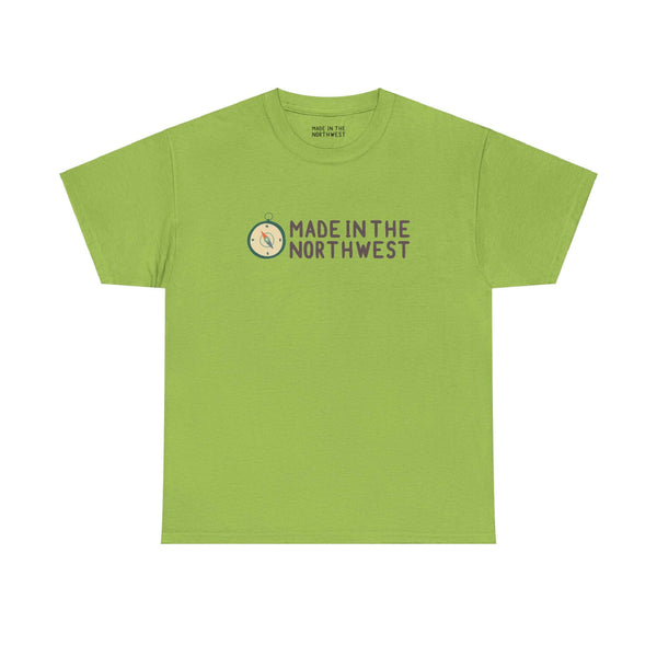 Lime green tee with 'Made in the Northwest' logo and compass design, showcasing Pacific Northwest pride for adventurers and explorers.