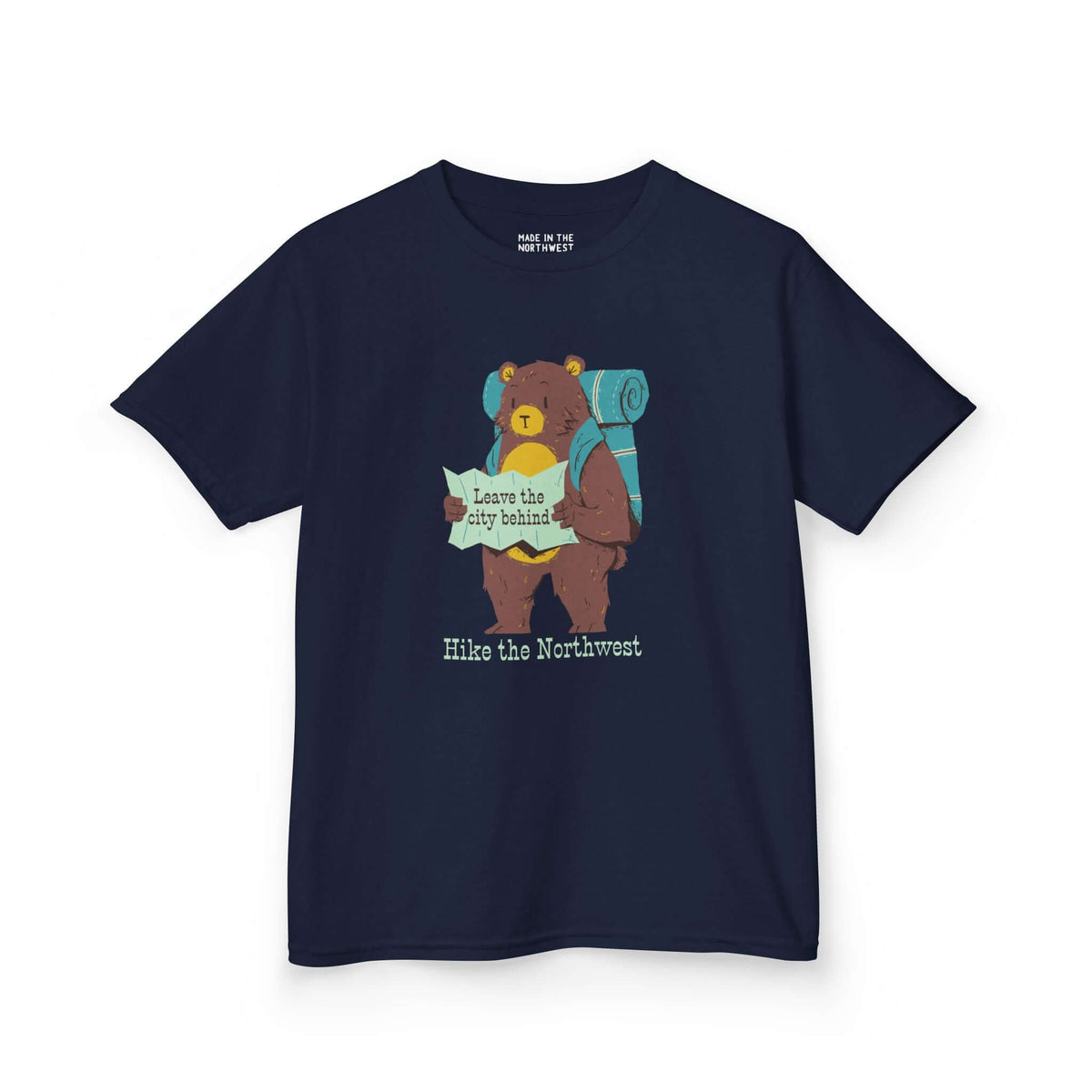 Bear's Big Northwest Adventure kids' tee featuring a bear with a backpack and map, perfect for young outdoor explorers.