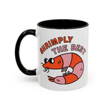 Shrimply The Best Mug featuring a colorful shrimp illustration and playful seafood pun design.