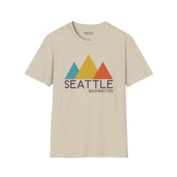 Modern Peaks Seattle T Shirt featuring a minimalist mountain design and the word Seattle in bold colors.