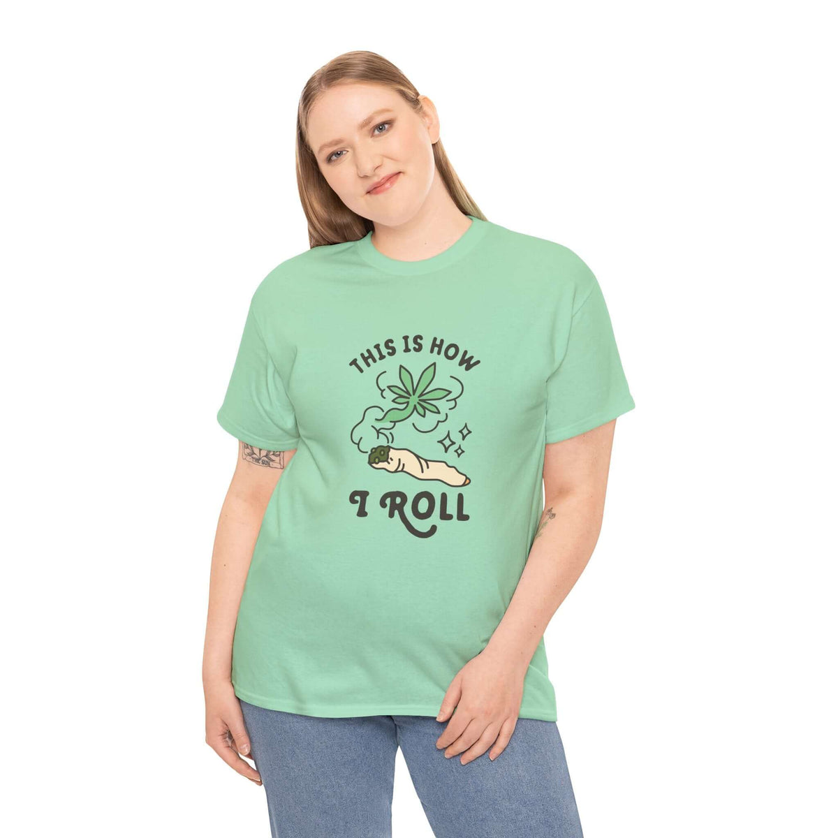 Mint green athletic tee featuring 'This is How I Roll' and a marijuana joint graphic, perfect for relaxed vibes.