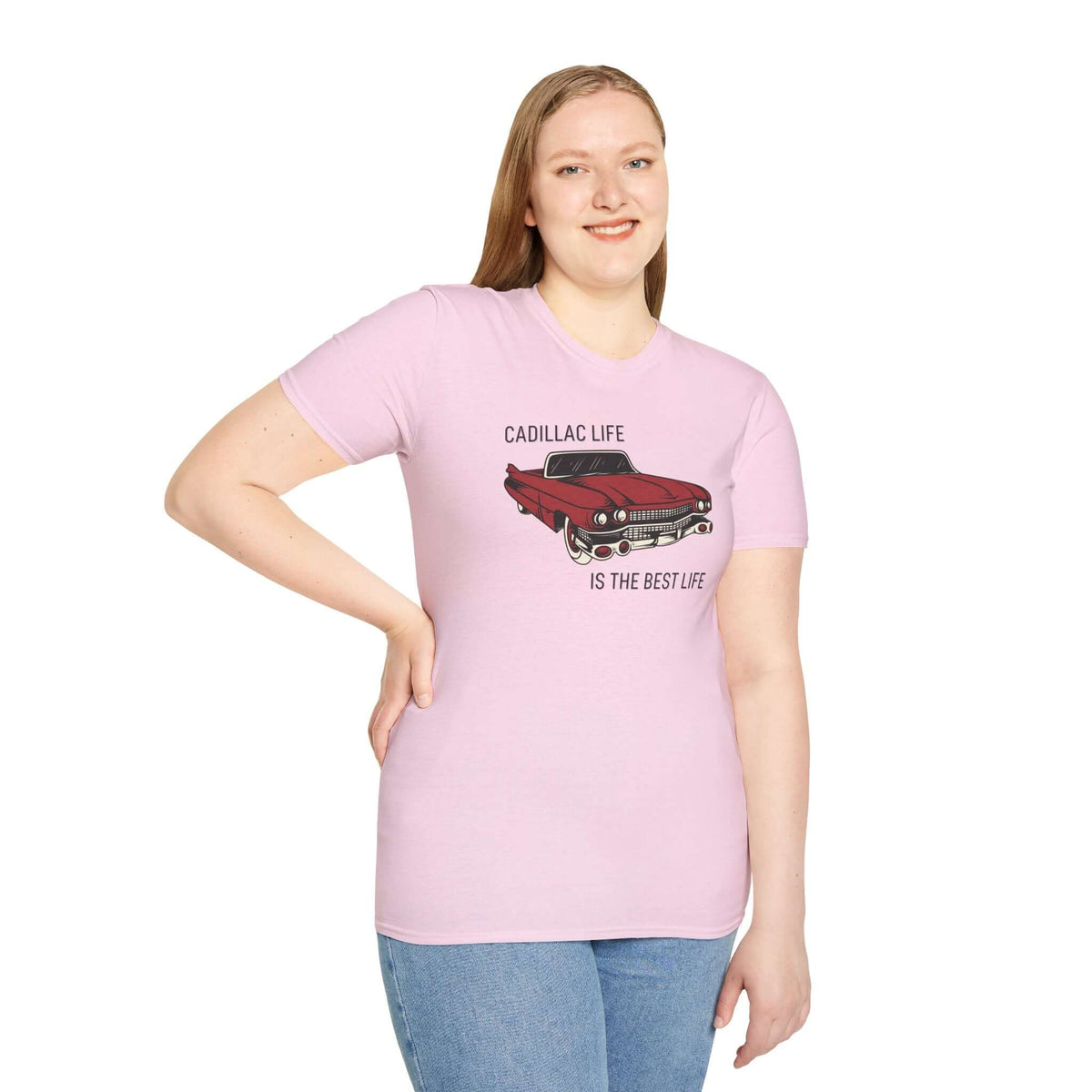 Model wearing Cadillac Life is the Best Life softstyle t-shirt featuring a classic red Cadillac.
