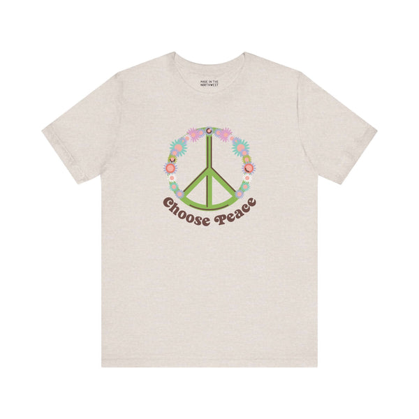 Choose Peace Premium Soft Tee featuring a green peace sign and vibrant flowers, promoting positivity and good vibes.
