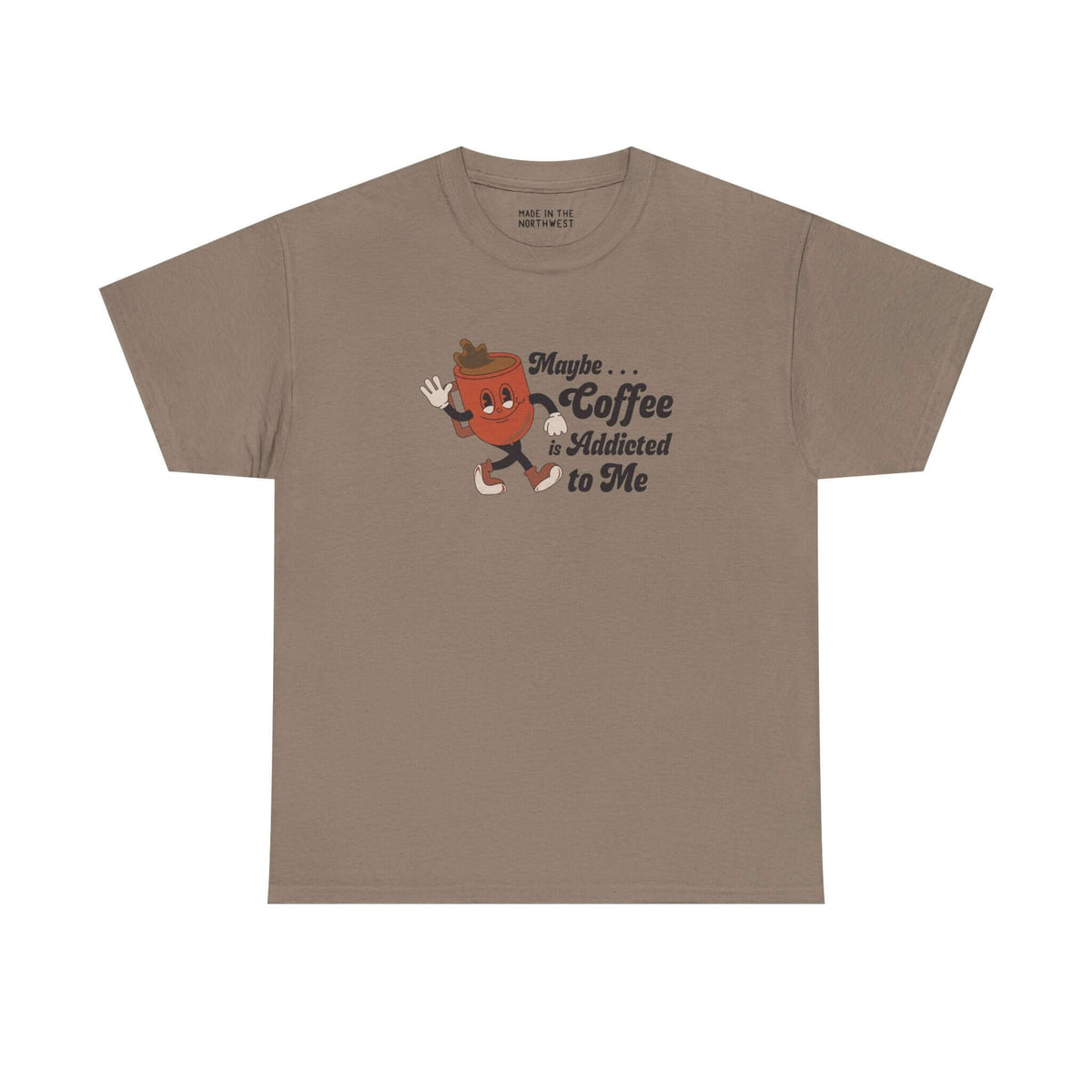 Maybe Coffee is Addicted to Me athletic tee with playful coffee character design.