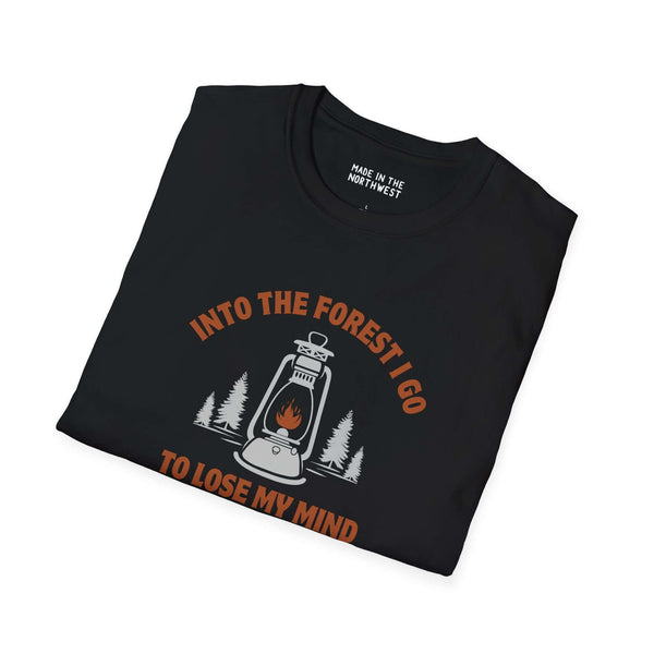Black t-shirt with 'Into the Forest I Go to Lose My Mind' graphic and lantern design.