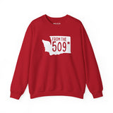 Red sweatshirt featuring Washington state silhouette with 'From the 509' text and star marking Spokane.