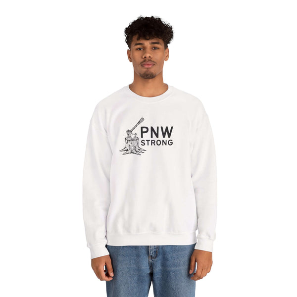PNW Strong Crewneck Sweatshirt featuring a bold axe-in-stump graphic worn by a model