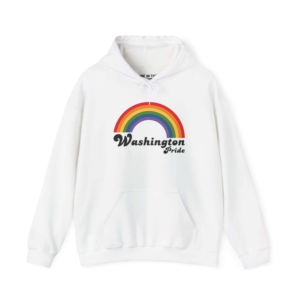Retro rainbow Washington Pride hoodie celebrating diversity and love in a stylish, cozy design.
