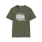 Out of Office unisex softstyle t-shirt featuring a retro travel trailer design, perfect for camping enthusiasts.