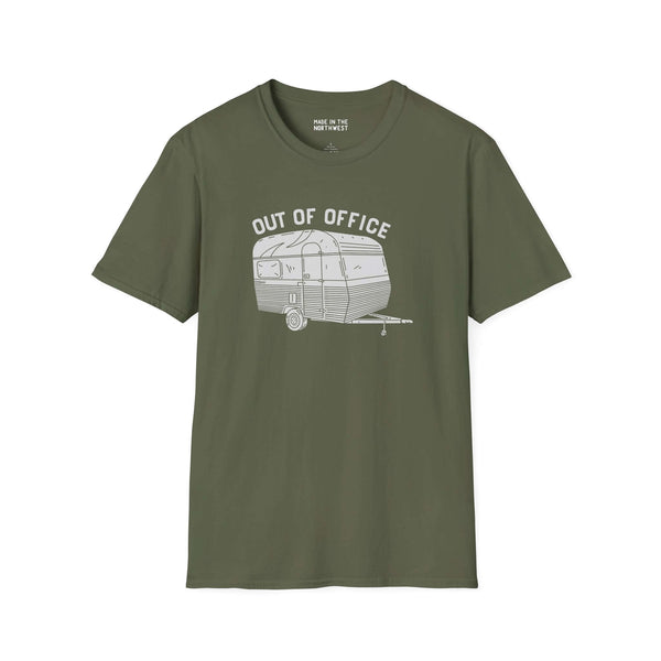 Out of Office unisex softstyle t-shirt featuring a retro travel trailer design, perfect for camping enthusiasts.