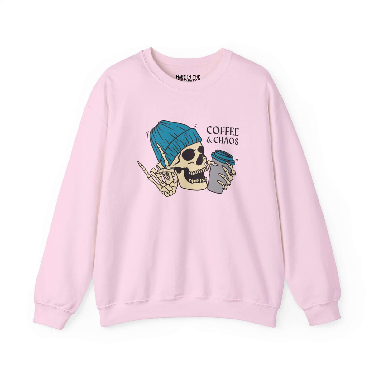 Pink skeleton sweatshirt with "Coffee & Chaos" design, featuring a skeleton hand holding a coffee cup. Perfect for caffeine lovers.