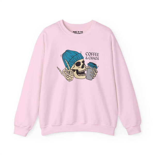 Pink skeleton sweatshirt with "Coffee & Chaos" design, featuring a skeleton hand holding a coffee cup. Perfect for caffeine lovers.