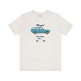 Premium soft tee featuring Subaru GL 1600 graphic with text 'Pimpin’ Not Pimpin' for wagon enthusiasts.