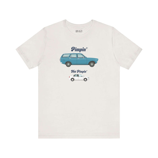 Premium soft tee featuring Subaru GL 1600 graphic with text 'Pimpin’ Not Pimpin' for wagon enthusiasts.
