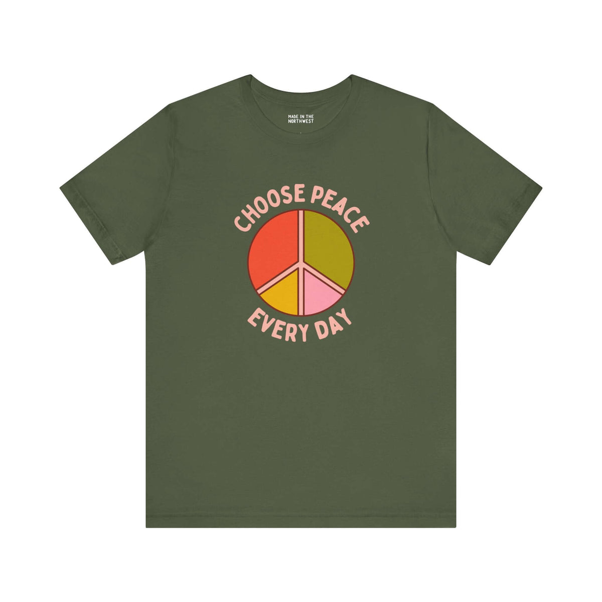 Choose Peace Every Day premium soft tee featuring a colorful peace symbol on an olive green background.