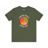 Choose Peace Every Day premium soft tee featuring a colorful peace symbol on an olive green background.