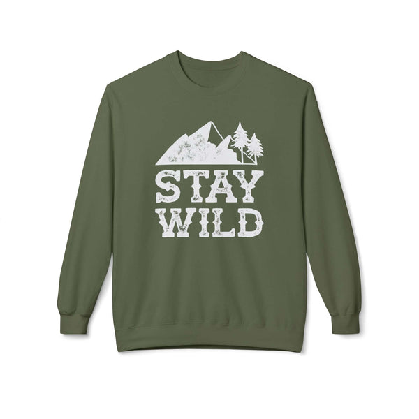 Stay Wild sweatshirt featuring faded mountain and trees graphic on a cozy crewneck in earthy green color.