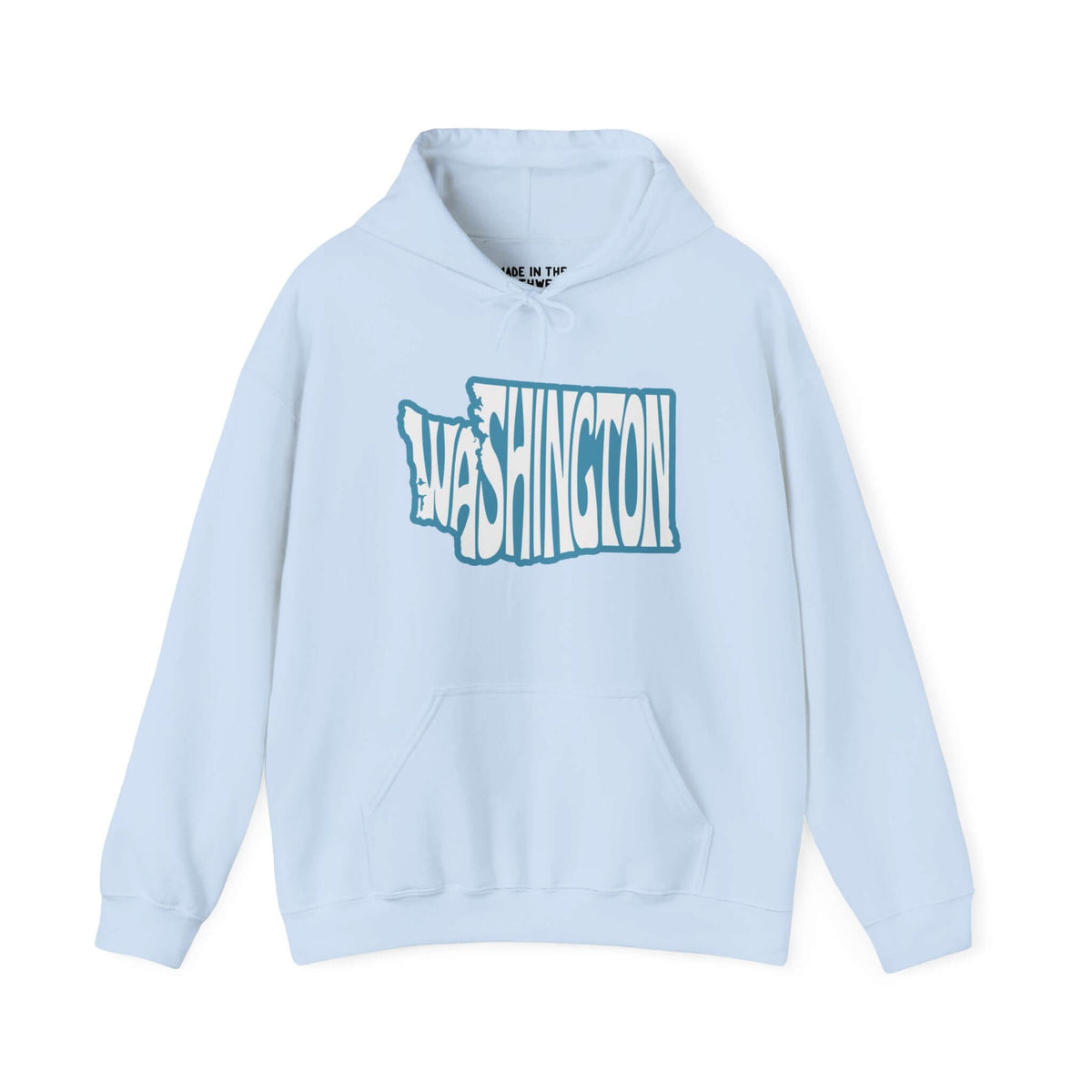 Washington State typography hoodie in light blue with "Washington" spelled in state shape, showcasing Pacific Northwest pride.