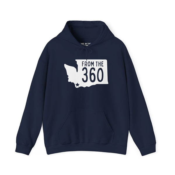 Navy hoodie with 'From the 360' text and Washington state silhouette, highlighting Vancouver pride.