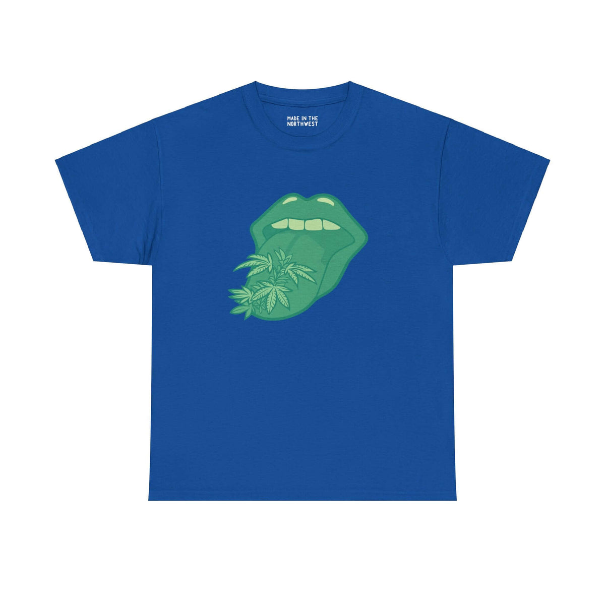 Blue tee with bold green tongue and marijuana leaf design, "Tongue Tied and Lifted" athletic style shirt.