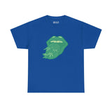 Blue tee with bold green tongue and marijuana leaf design, 