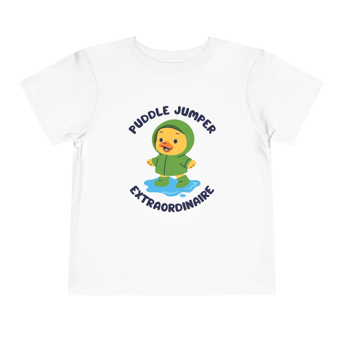 Puddle Jumper Extraordinaire Toddler Tee featuring a cheerful duck in a green raincoat splashing in puddles.