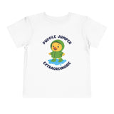 Puddle Jumper Extraordinaire Toddler Tee featuring a cheerful duck in a green raincoat splashing in puddles.