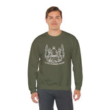 Man wearing I Love Morning Wood sweatshirt featuring a lumberjack design with trees and axe.