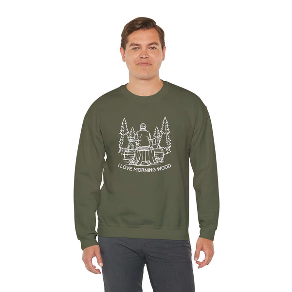 Man wearing I Love Morning Wood sweatshirt featuring a lumberjack design with trees and axe.