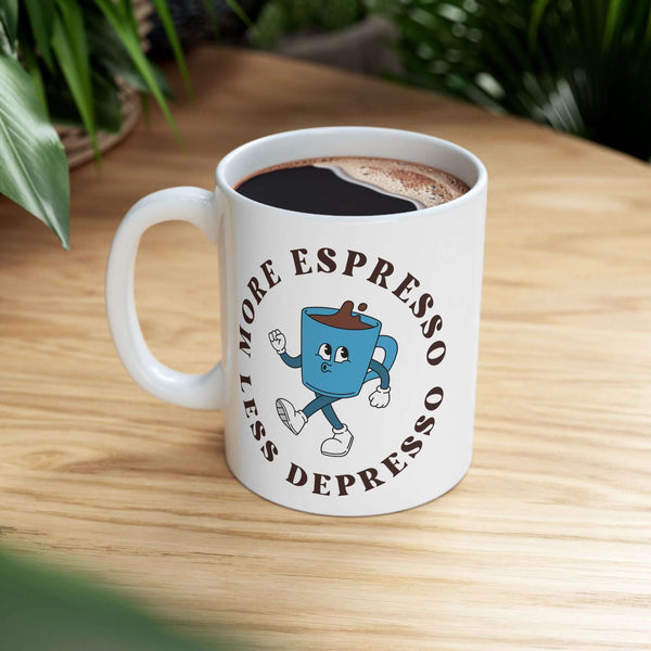More Espresso Less Depresso Mug with playful graphic, perfect for coffee lovers and morning motivation.