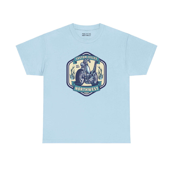 Light blue Custom Cycles Northwest athletic tee with motorcycle graphic for motorcycle enthusiasts