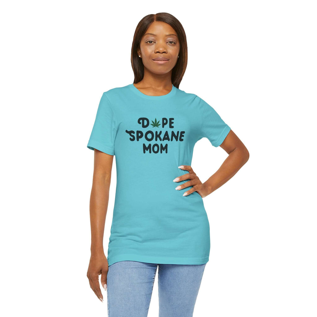 Dope Spokane Mom premium soft tee in turquoise, featuring playful marijuana leaf design, perfect for cool moms.