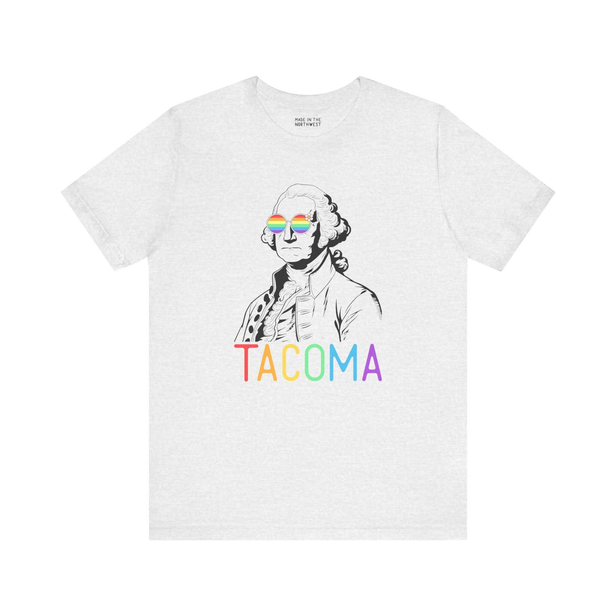 George's Rainbow Vision Tacoma Tee with rainbow glasses and vibrant "Tacoma" text, celebrating Pride and inclusivity.