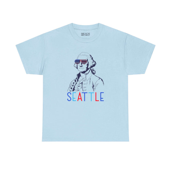 Light blue Seattle tee featuring George Washington in sunglasses, celebrating Independence Day with local pride.