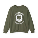 Green Bigfoot sweatshirt featuring 'I Do Not Think Therefore I Do Not Am' parody text, blending philosophy and cryptid humor.