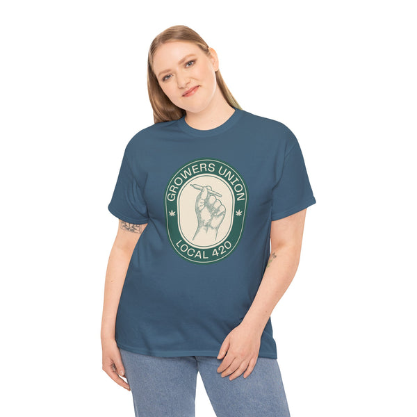 Model wearing Grower's Union Local 420 Athletic Tee featuring hand illustration, celebrating 420 culture.